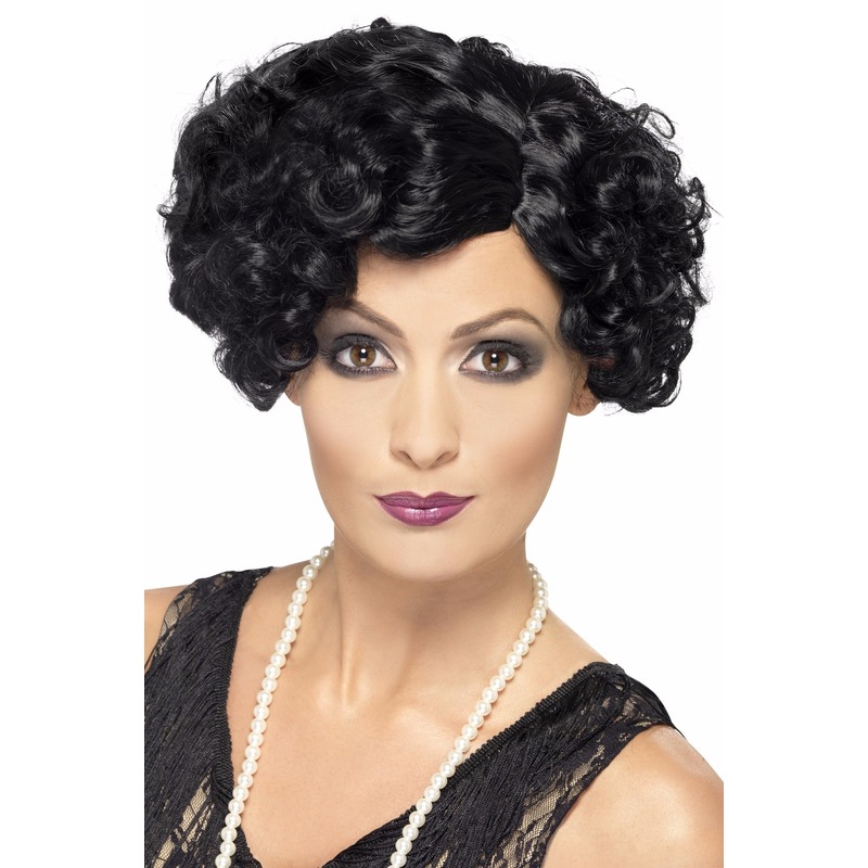 Carnaval verkleed jaren 20 damespruik - zwart - kort model haar - golvend -