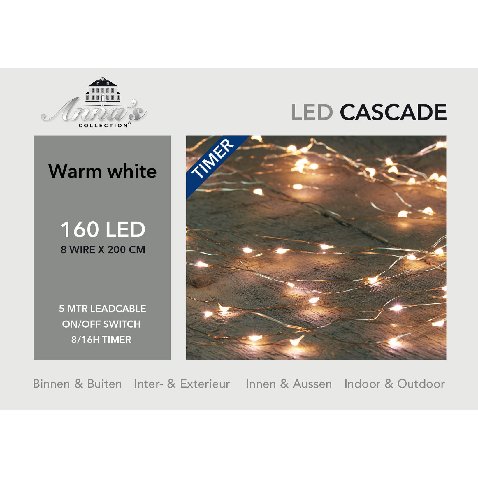 Cascade draadverlichting zilver met 160 warm witte lampjes -