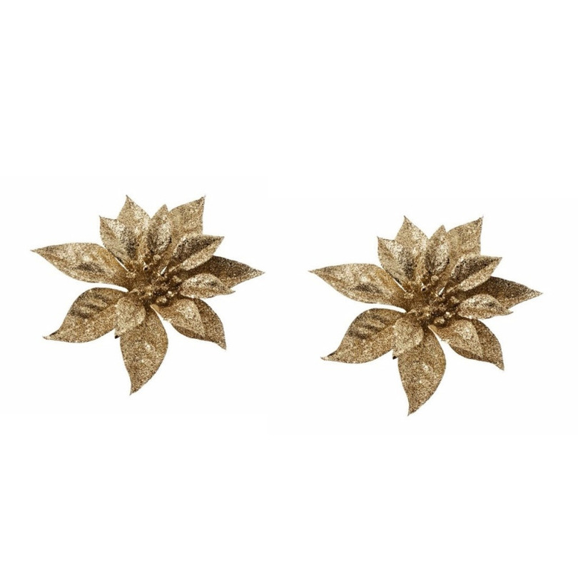 4x Kerstboomversiering bloem op clip gouden kerstster 18 cm -
