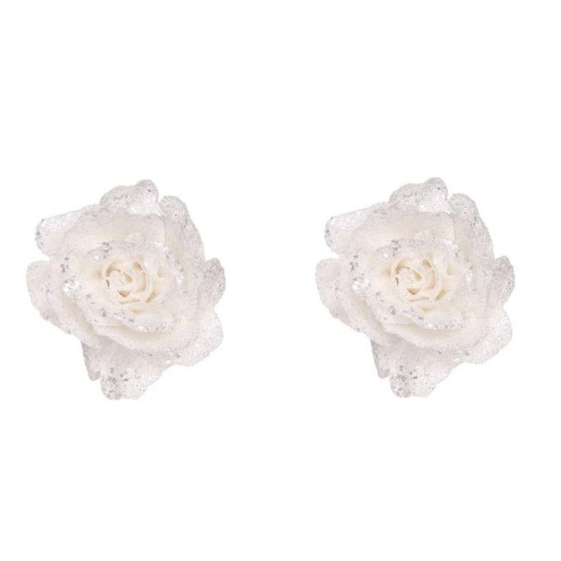 6x stuks witte rozen met glitters op clip 10 cm - kerstversiering -