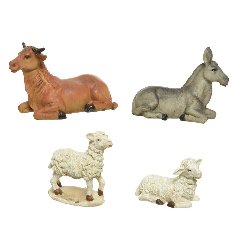 2x sets van 4 stuks polystone dierenbeeldjes os, ezel en schapen 12 cm -