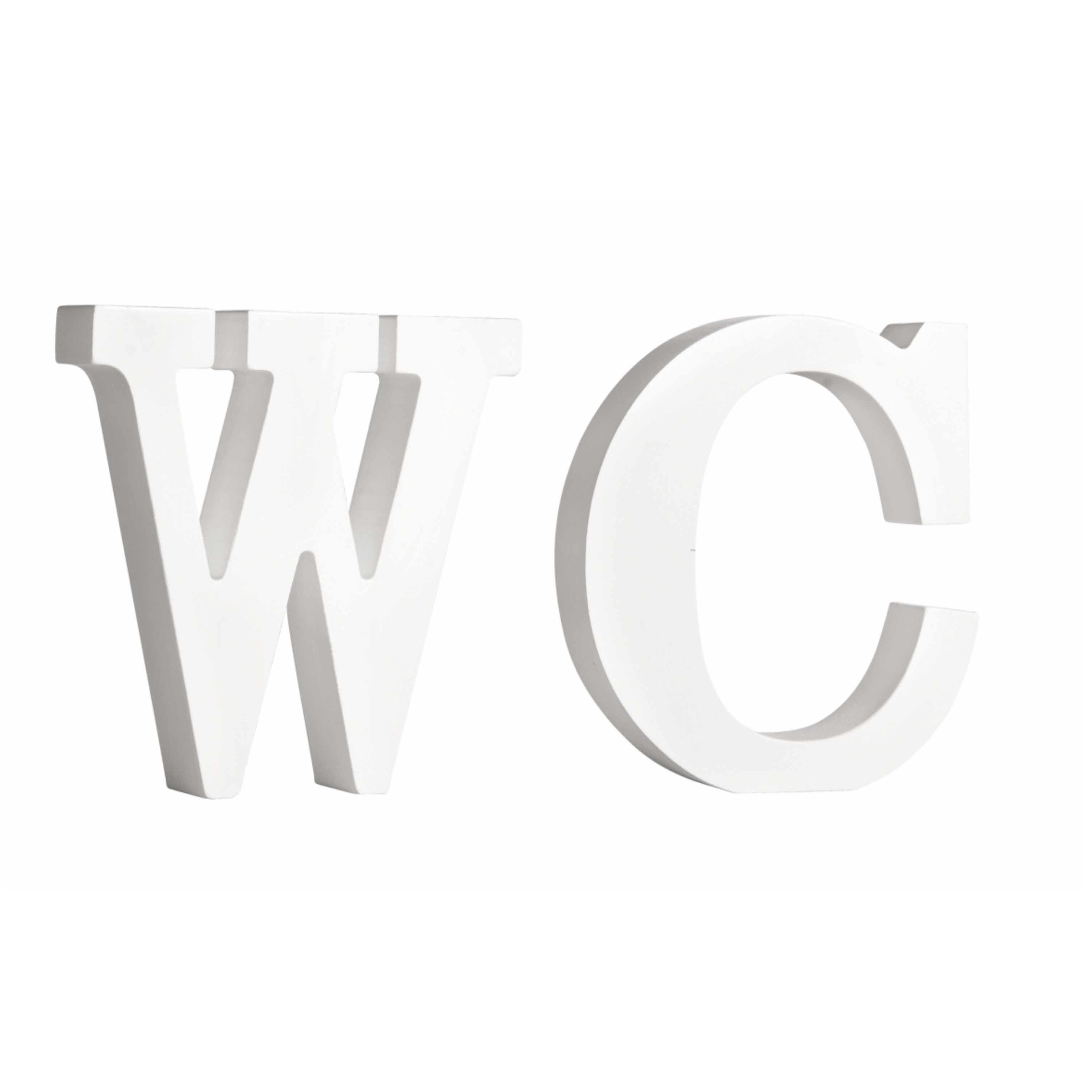 Houten deco hobby letters - 2x losse witte letters om het woord WC te maken -