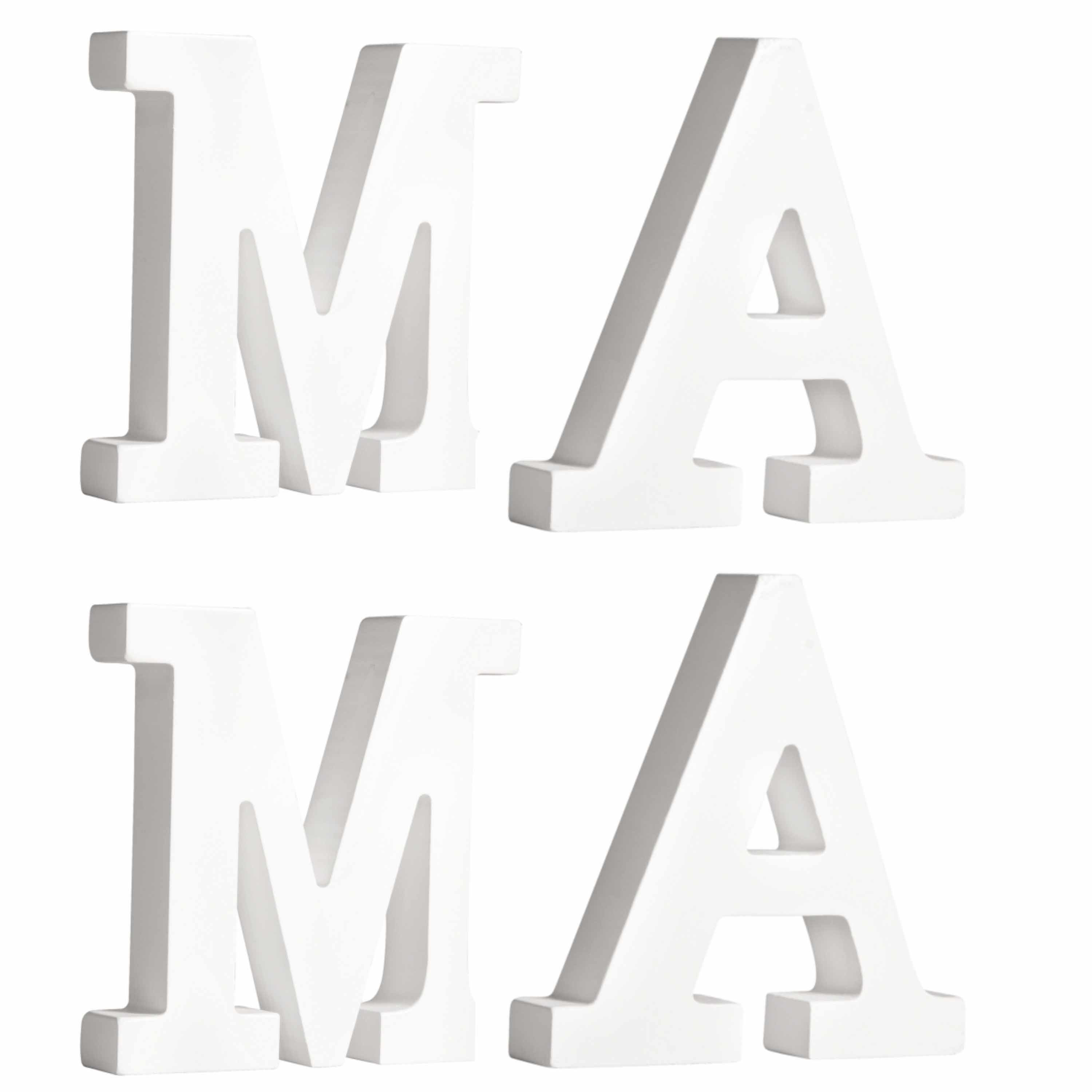 Houten deco hobby letters - 4x losse witte letters om het woord MAMA te maken -