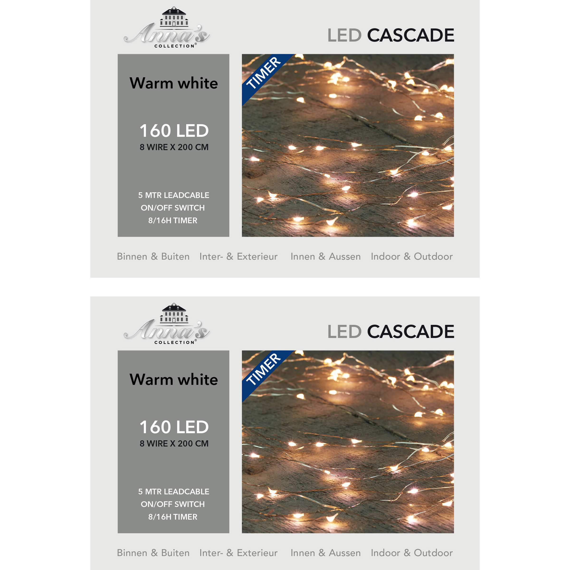 2x stuks cascade draadverlichting zilver met 160 warm witte lampjes -