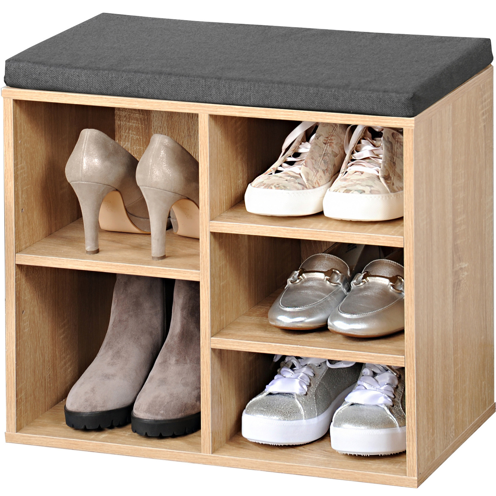 Bruine houtlook schoenenkast/schoenenrek bankje 29 x 48 x 51 cm met zitkussen -