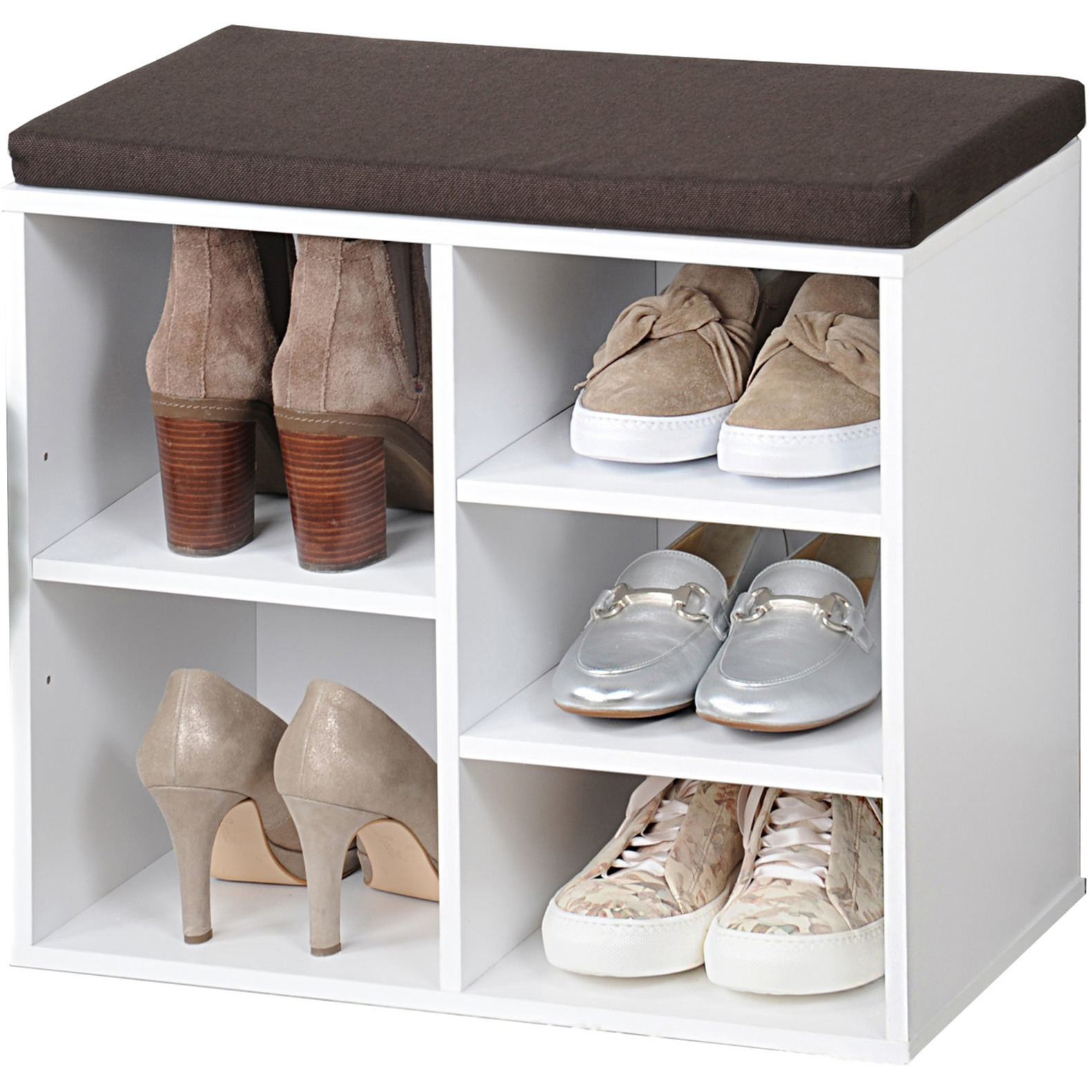 Schoenenrek/schoenenkast met zitvlak - wit - 5 paar schoenen - hout - L51 x B30 x H48 cm -