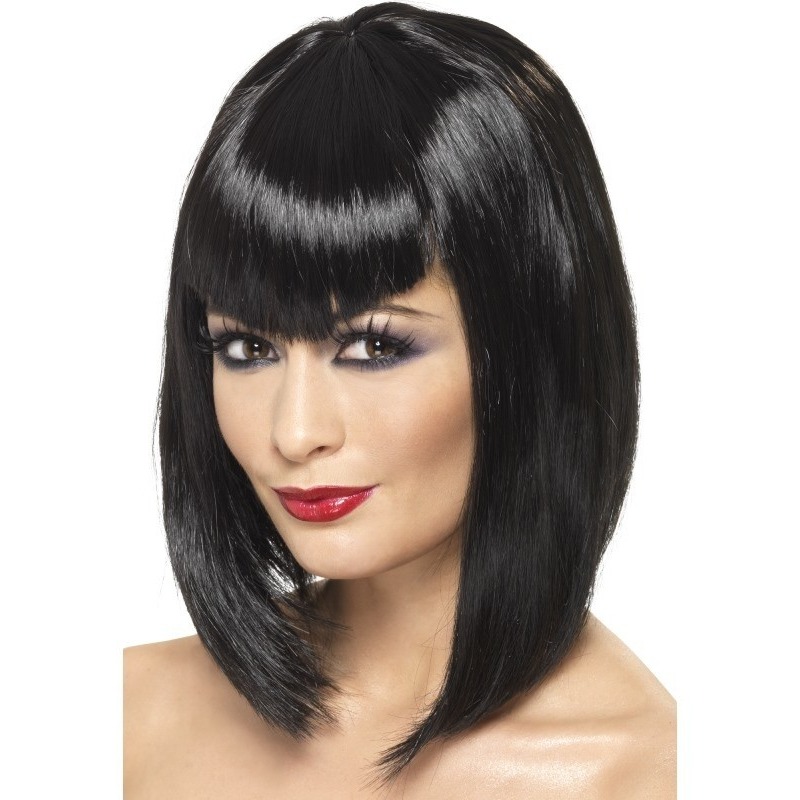 Carnaval verkleed damespruik met pony - zwart - half lang haar -