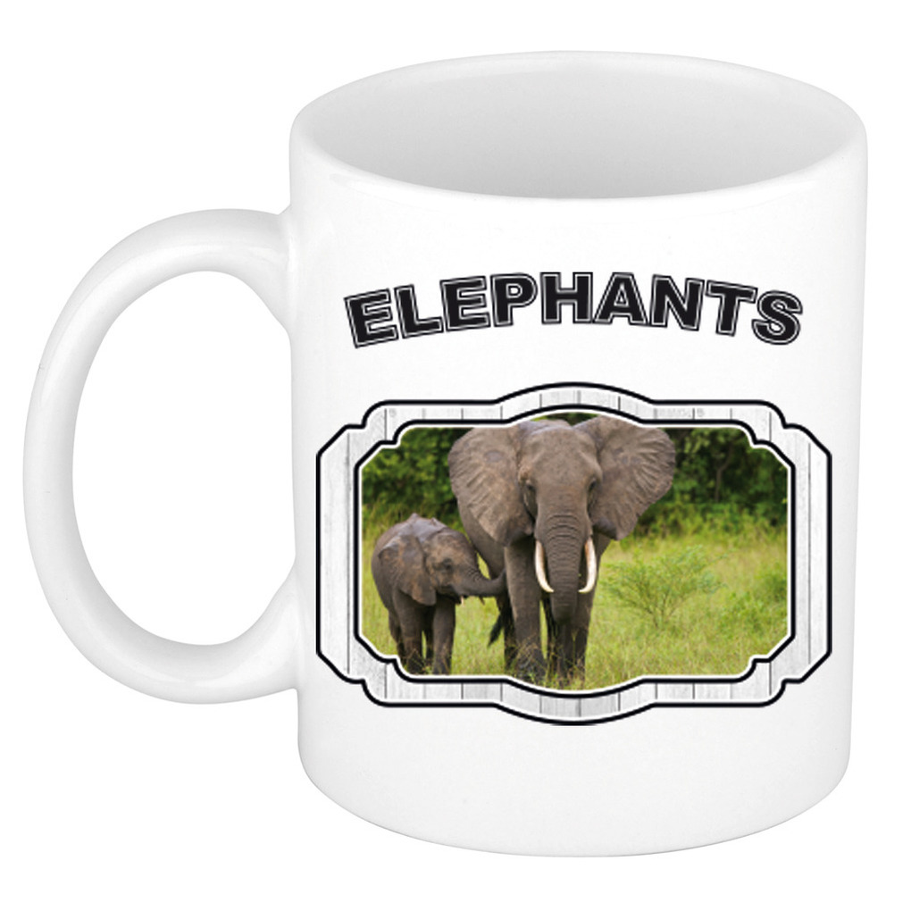 Dieren olifant met kalf beker - elephants/ olifanten mok wit 300 ml -