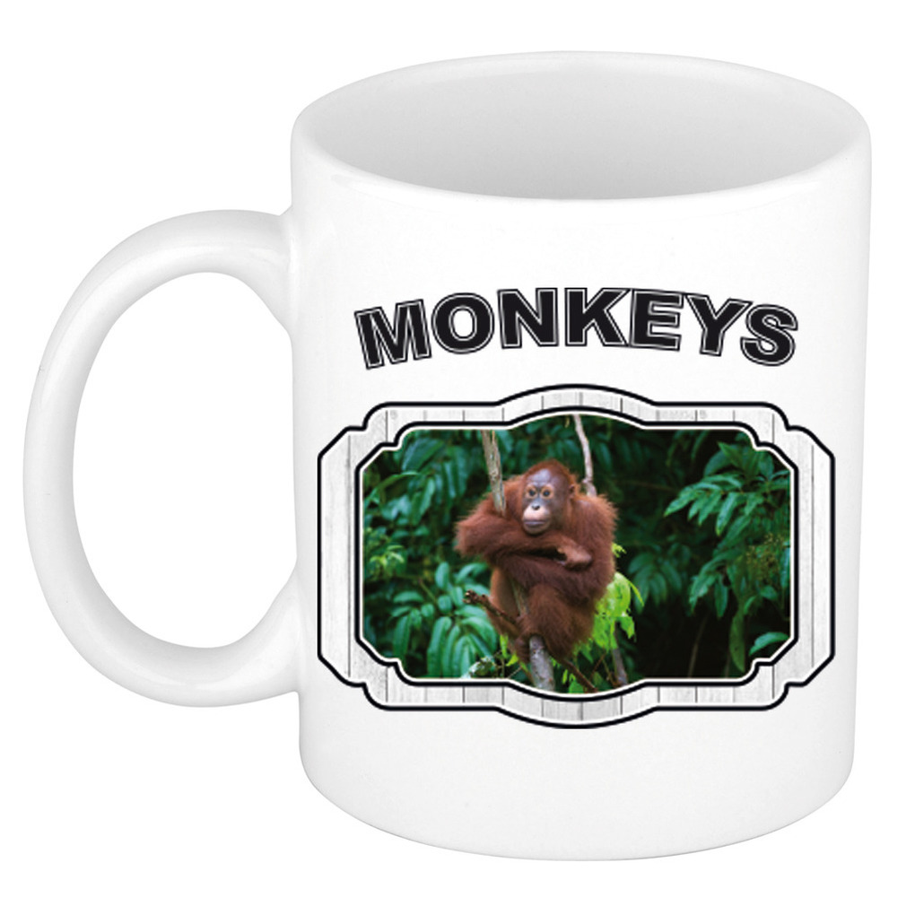 Dieren orang oetan beker - monkeys/ apen mok wit 300 ml -