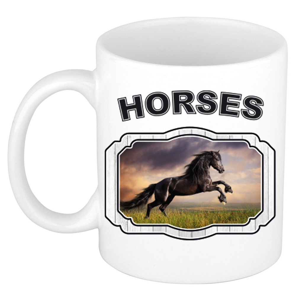 Dieren zwart paard beker - horses/ paarden mok wit 300 ml -