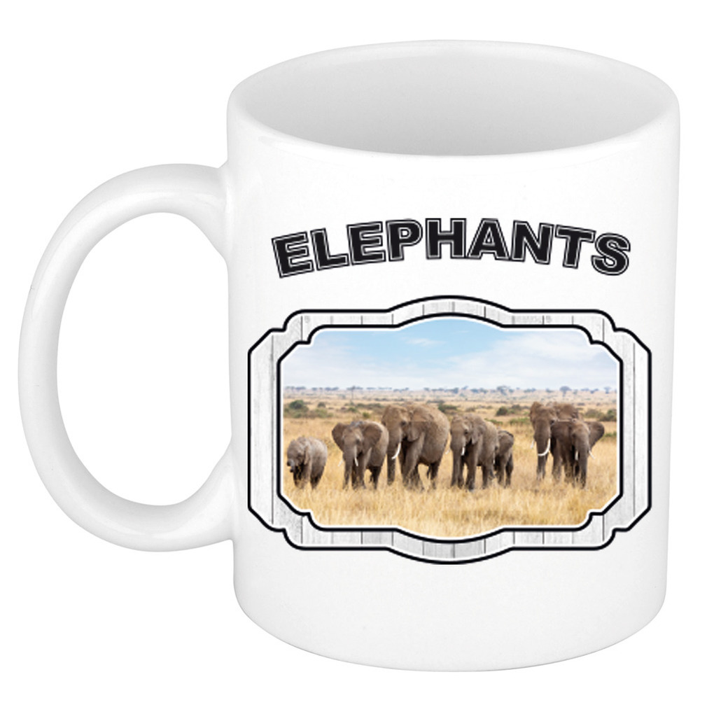 Dieren kudde olifanten beker - elephants/ olifanten mok wit 300 ml -