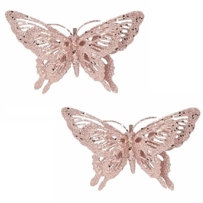 Set van 4x stuks kerst decoratie vlinders roze 15 x 11 cm -
