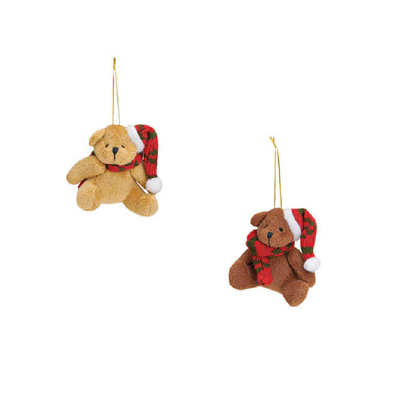 2x Kersthangers knuffelbeertjes beige en bruin met gekleurde sjaal en muts 7 cm -