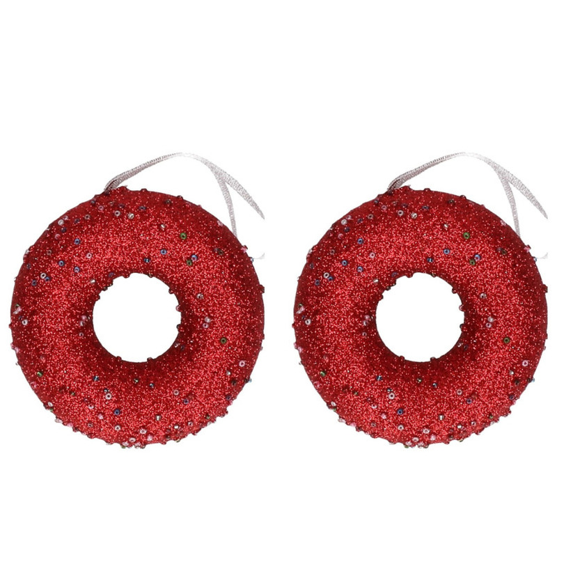 6x Kersthangers figuurtjes donut kerst rood met kraaltjes 10 cm -