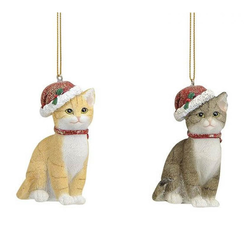 2x Stuks kersthangers katten/poezen met kerstmuts 9 cm kerstversiering -
