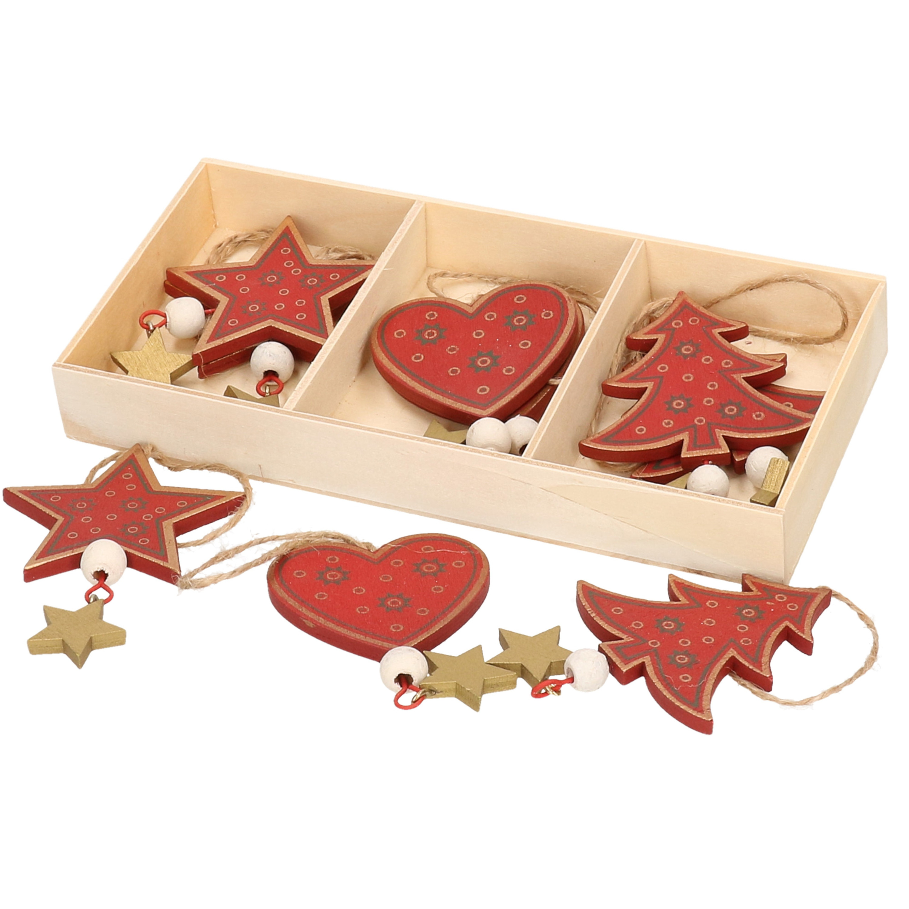 Kersthangers set van 12x rode houten ornamenten 10 cm -