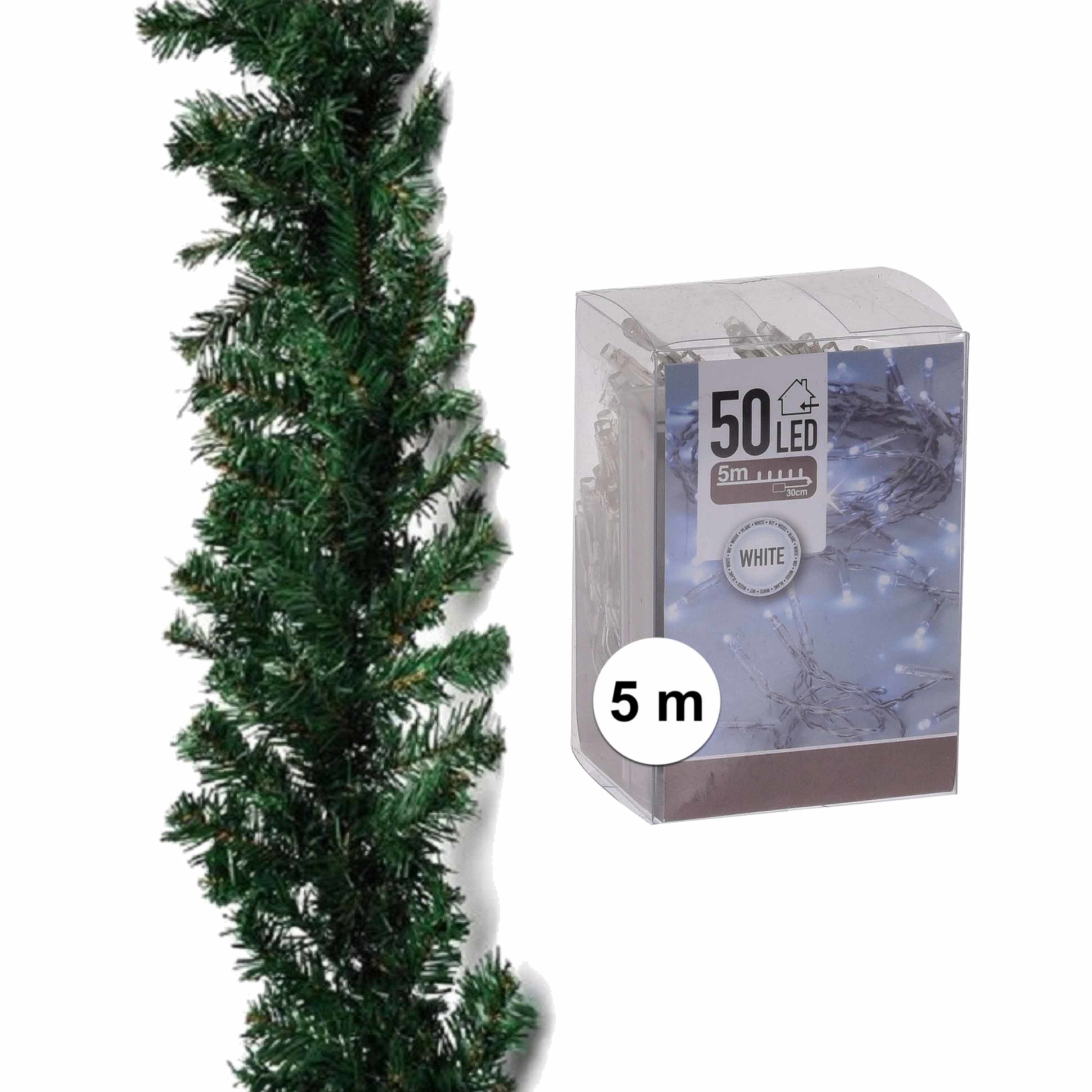 Dennenslinger/dennen guirlande groen 270 cm met helder witte verlichting -