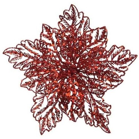 1x Kerstboomversiering op clip rode glitter bloem 23 cm -