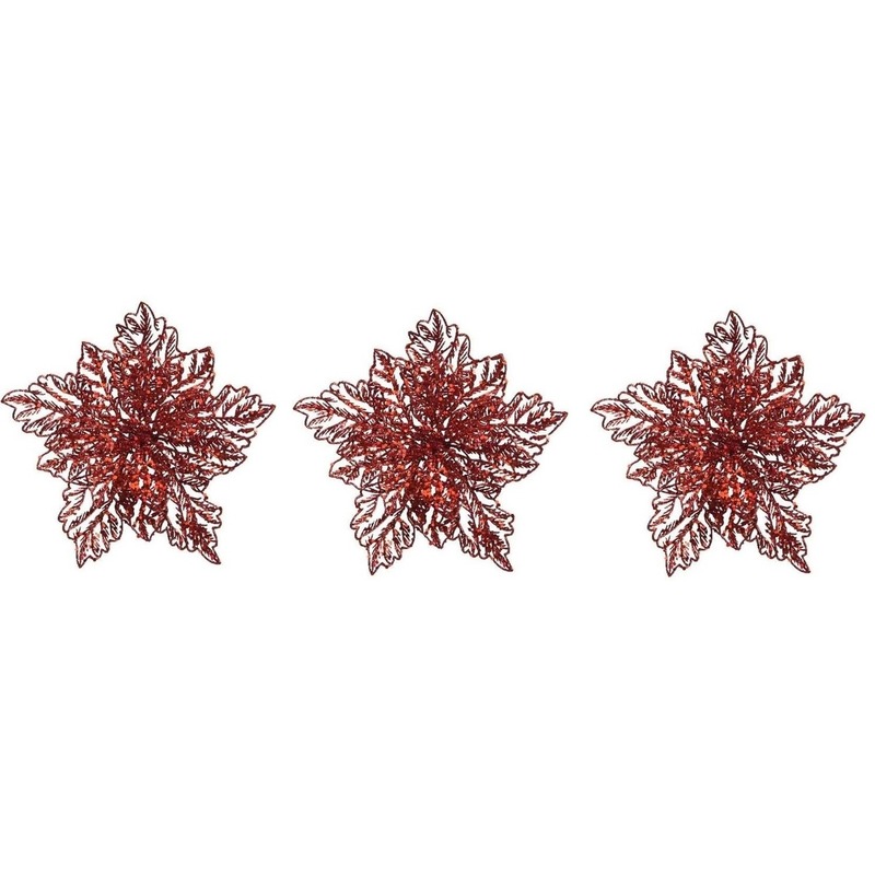 3x Kerstboomversiering op clip rode glitter bloem 23 cm -