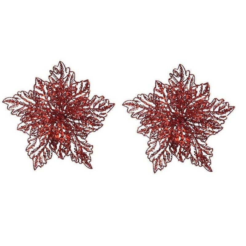 2x Kerstboomversiering op clip rode glitter bloem 23 cm -