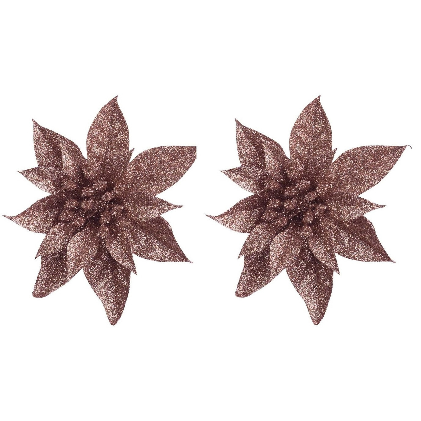 5x Kerstboomversiering op clip donker beige glitter bloemen 15 cm -