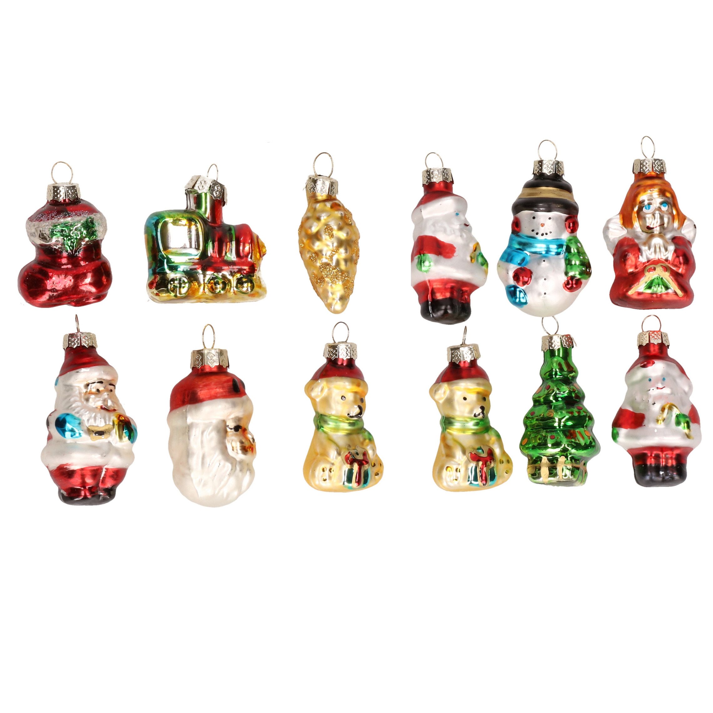 Set van 12x stuks kersthangers figuurtjes van glas 5 cm -