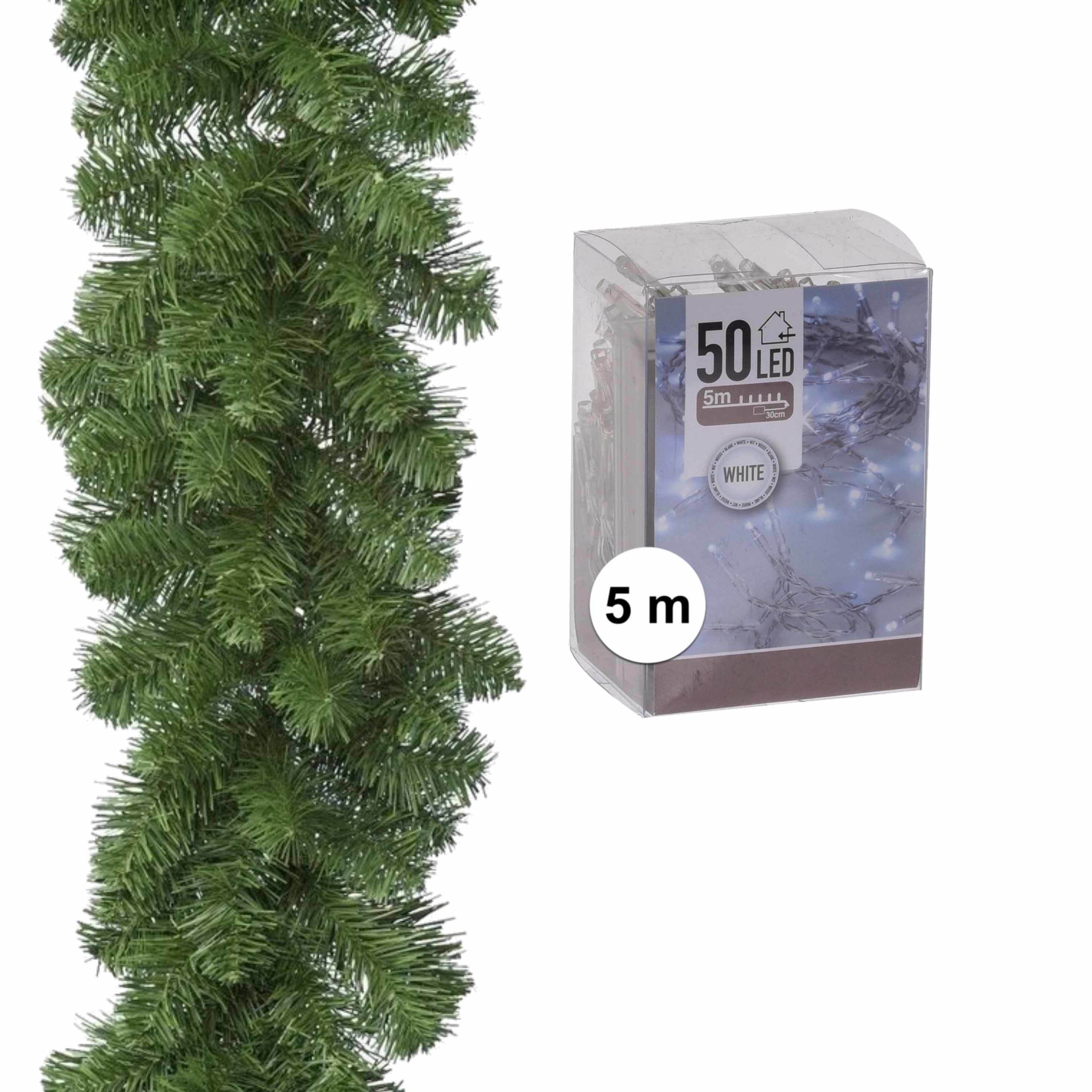 Groene dennen guirlande/dennenslinger 270 cm inclusief helder witte verlichting -