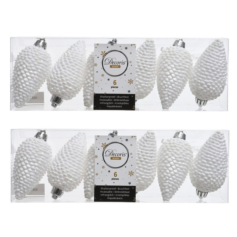 24x Winter witte dennenappels kerstballen 8 cm kunststof glitter -