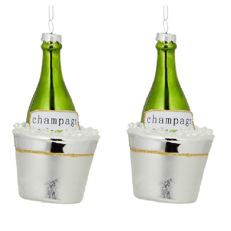 4x Kersthanger figuurtjes glazen champagne fles 14 cm -