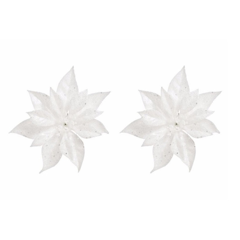 4x Kerstboomversiering bloem op clip witte kerstster 18 cm -