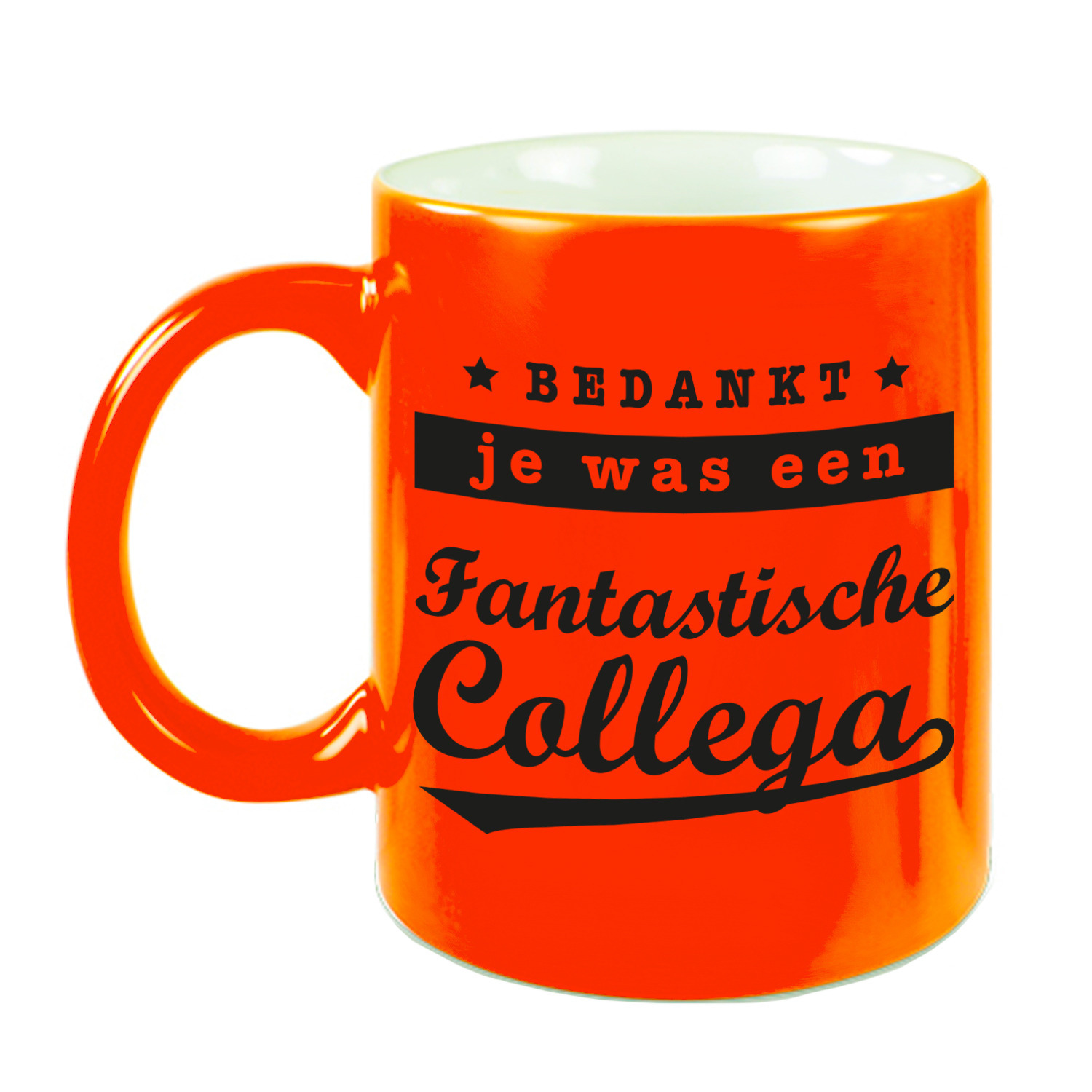 Collega cadeau mok/beker neon oranje bedankt je was een fantastische collega afscheid/pensioen kado -