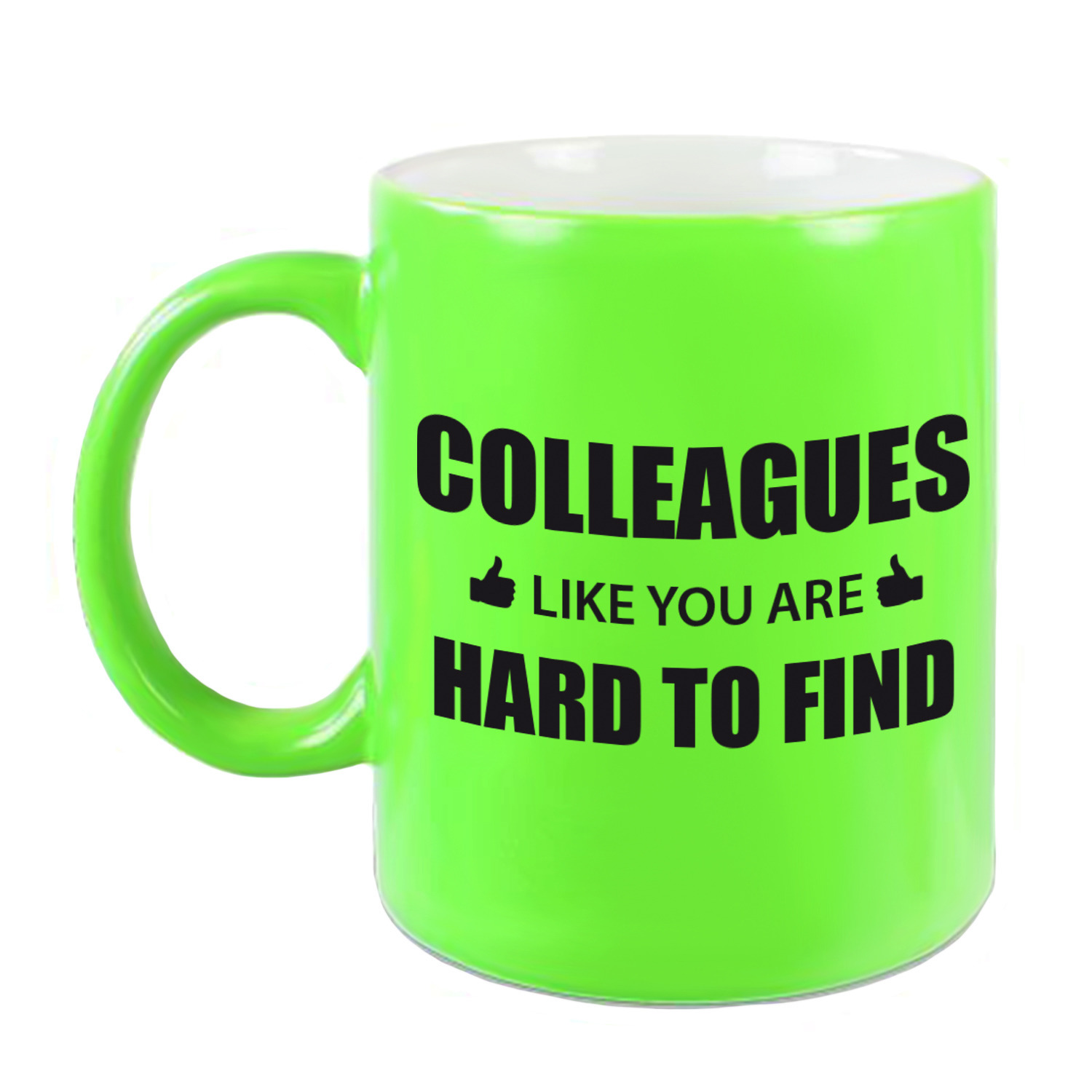 Collega cadeau mok / beker neon groen colleagues like you are hard to find -