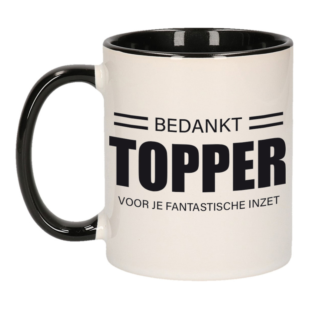 Collega cadeau mok / beker zwart bedankt topper voor je fantastische inzet afscheid/pensioen kado -