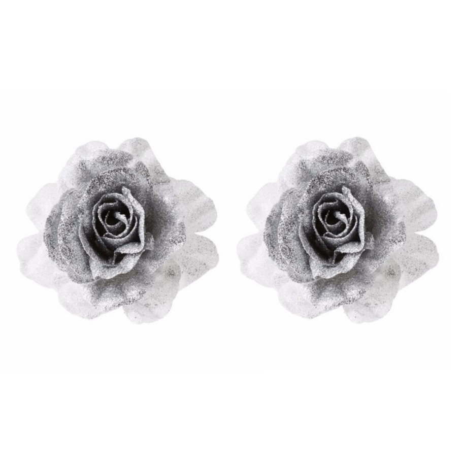 6x Kerstboomversiering bloem op clip zilver/wit kerstbloem 18 cm -