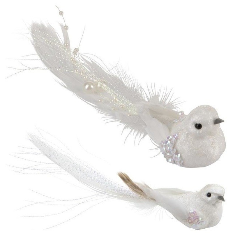 12x Kerstboomdecoratie vogeltje op clip wit -