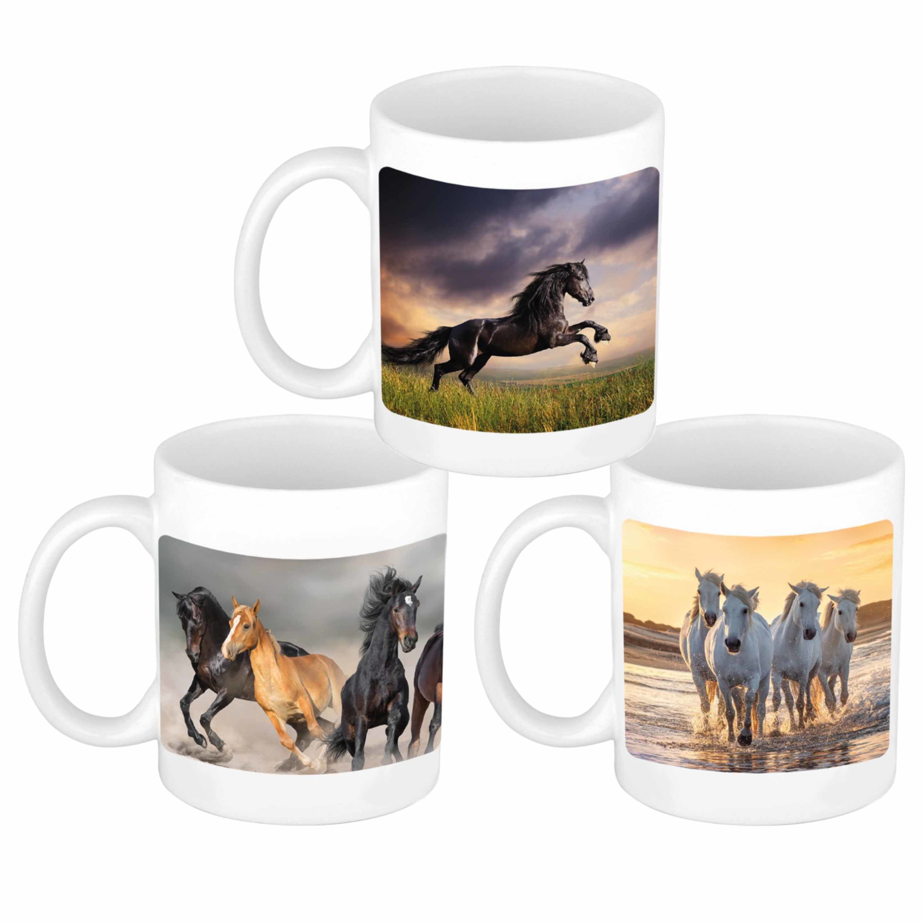 3x stuks Paarden afbeeldingen mokken / bekers wit 300 ml -