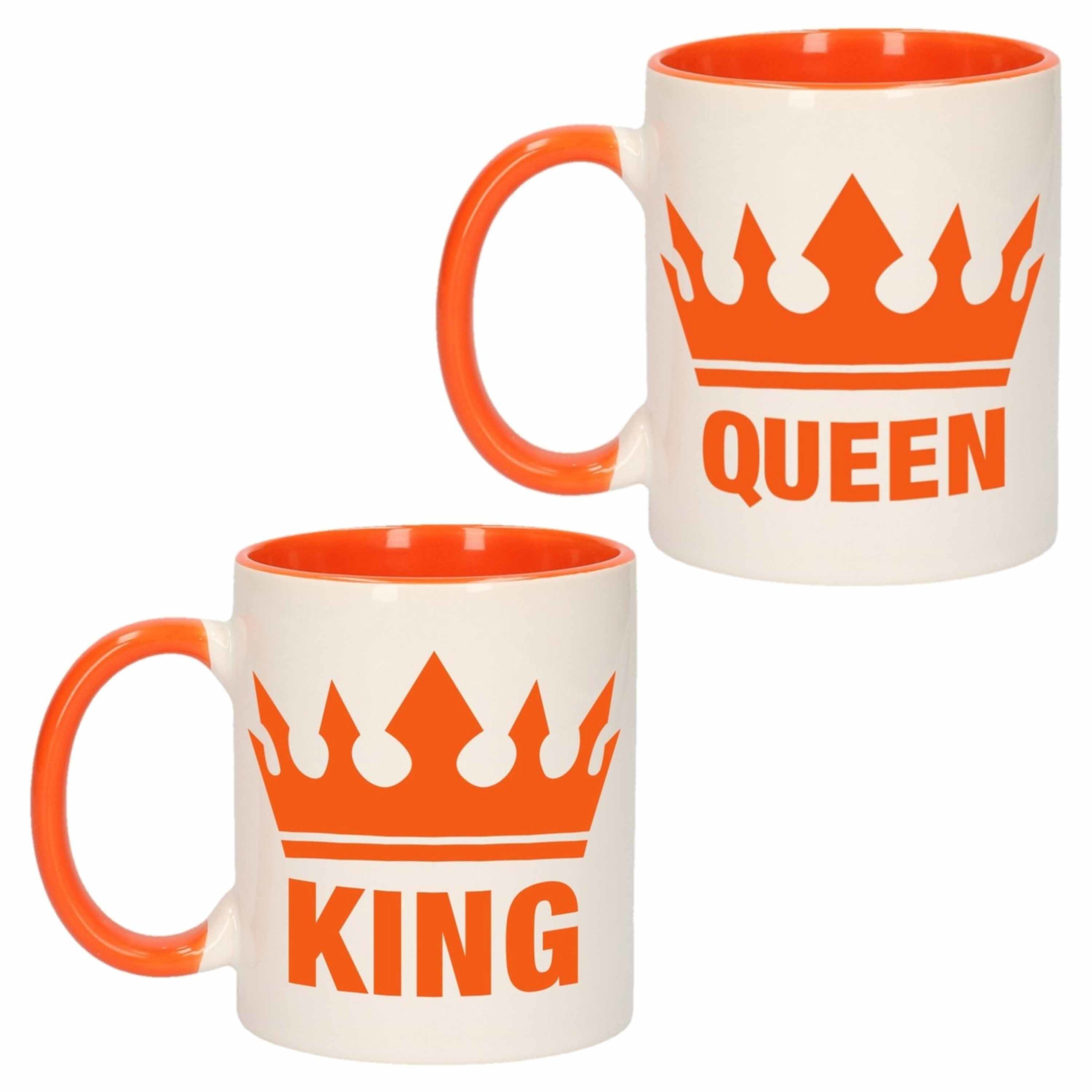 Cadeauset van oranje King en Queen mokken/bekers 300 ML -