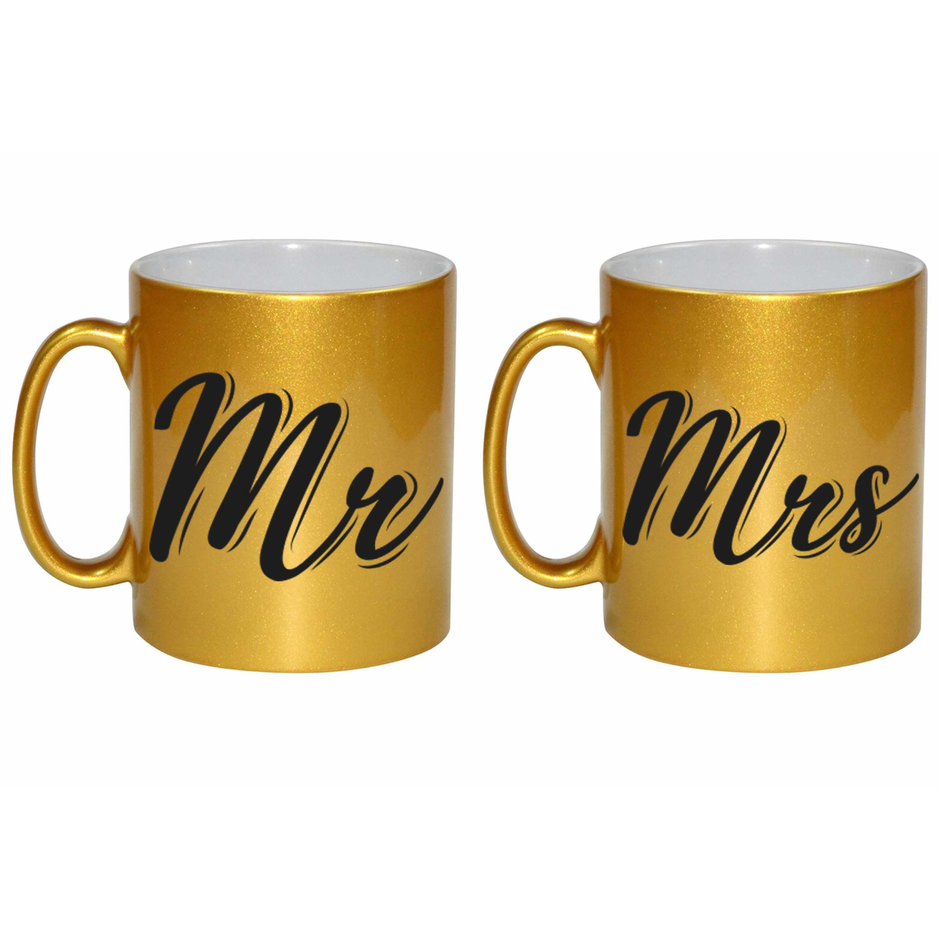 Gouden Mrs en MR cadeau mokken / bekers set voor koppels 330 ml -