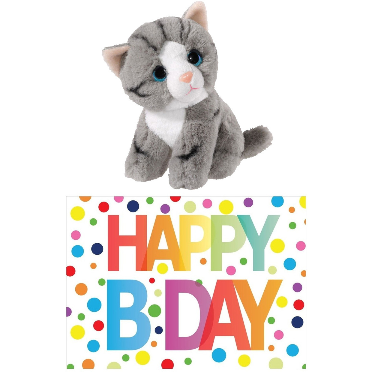 Cadeau setje pluche grijze kat/poes knuffel 14 cm met Happy Birthday wenskaart -