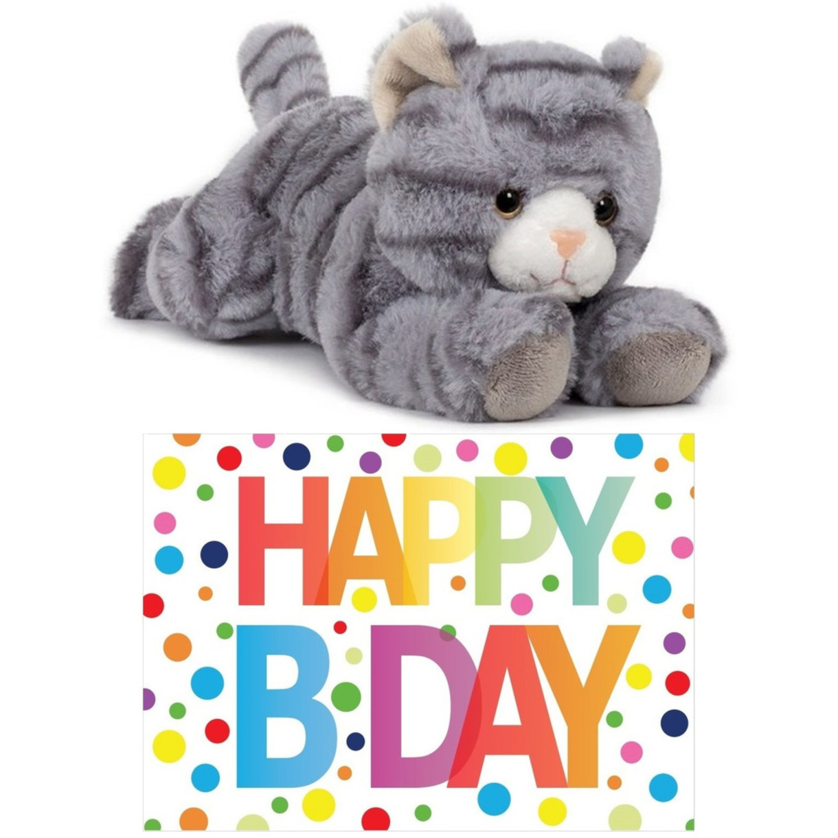 Cadeau setje pluche grijze kat/poes knuffel 25 cm met Happy Birthday wenskaart -