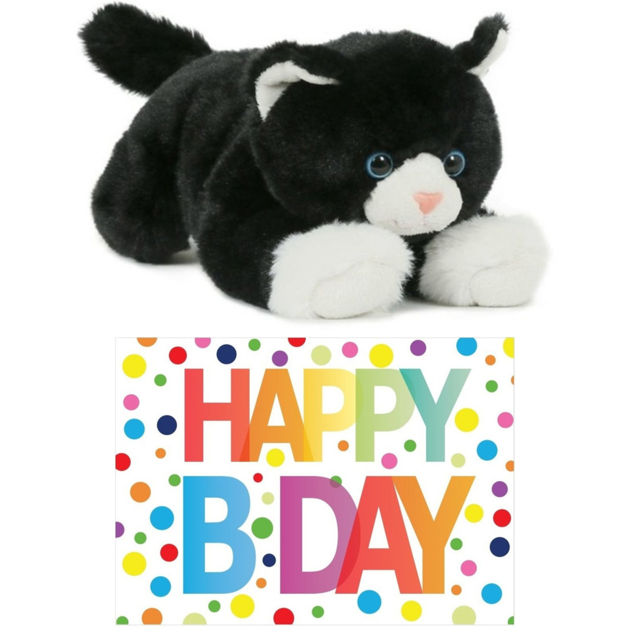 Cadeau setje pluche zwart/witte kat/poes knuffel 25 cm met Happy Birthday wenskaart -