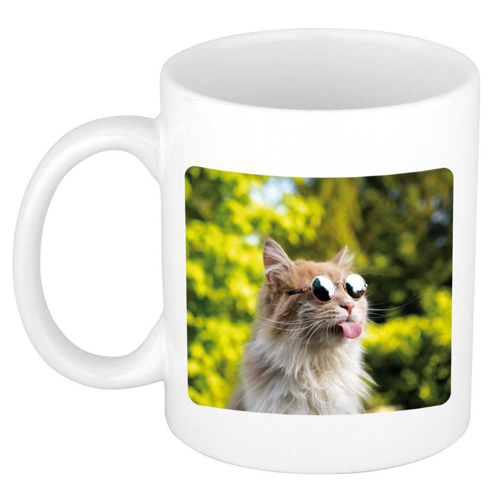 Dieren foto mok gekke poes - katten beker wit 300 ml -