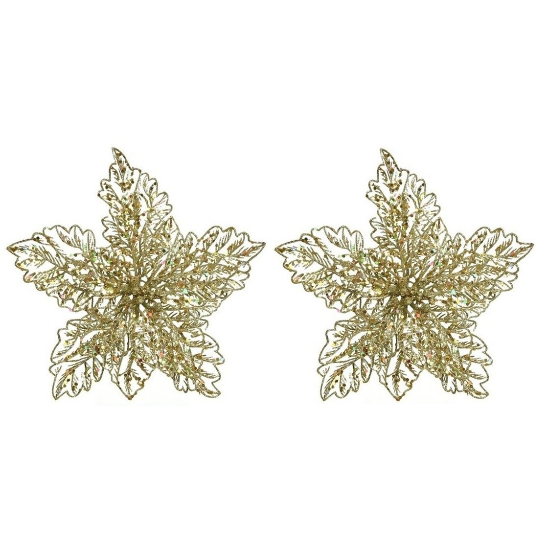 4x Kerstboomversiering op clip gouden glitter bloem 23 cm -