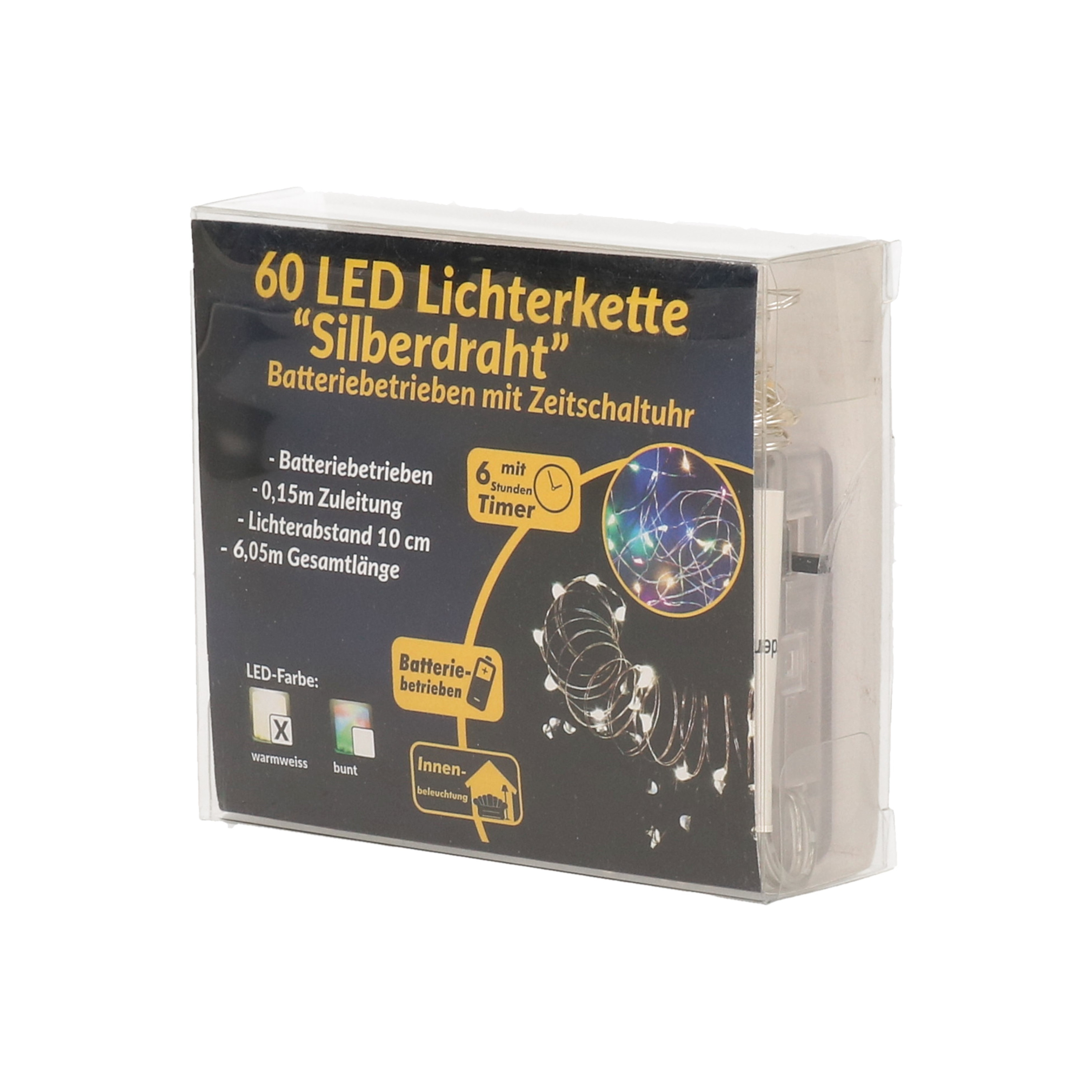 Draadverlichting zilver met warm witte LED lampjes 6 meter op batterijen met timer -