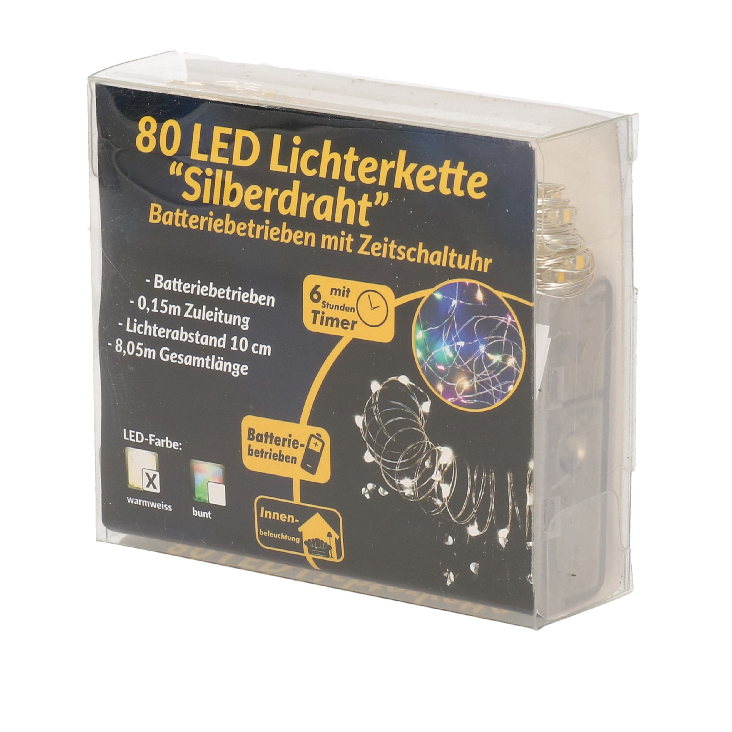 Draadverlichting zilver met warm witte LED lampjes 8 meter op batterijen met timer -