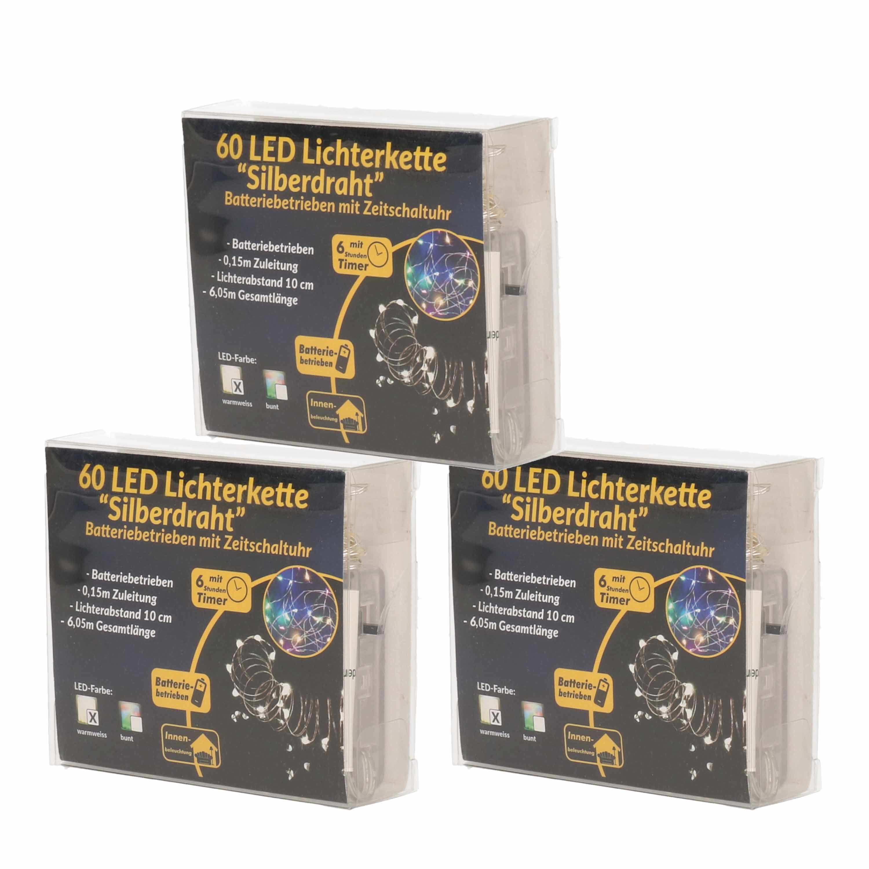 3x Draadverlichting zilver met warm witte LED lampjes 6 meter op batterijen met timer -