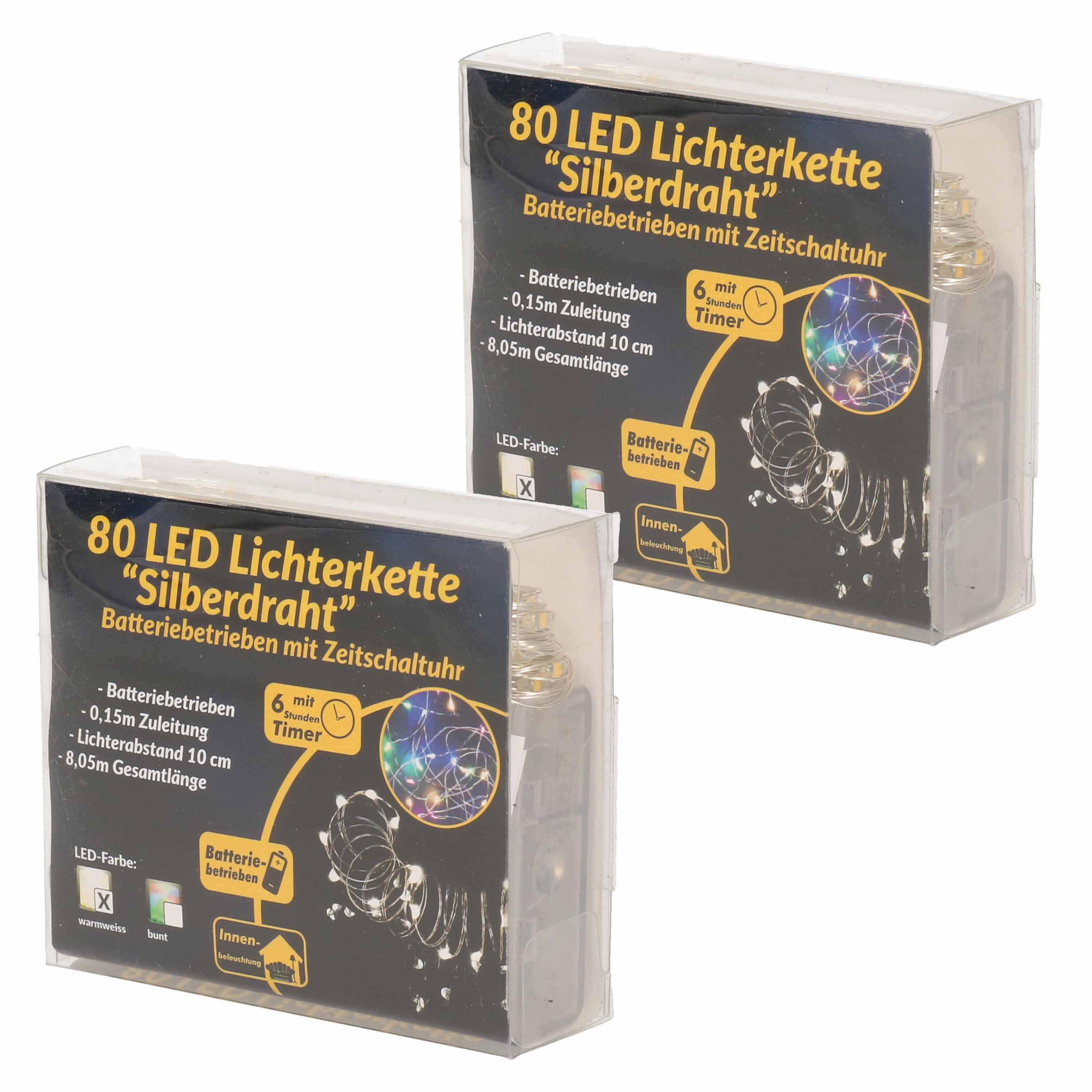 2x Draadverlichting zilver met warm witte LED lampjes 8 meter op batterijen met timer -