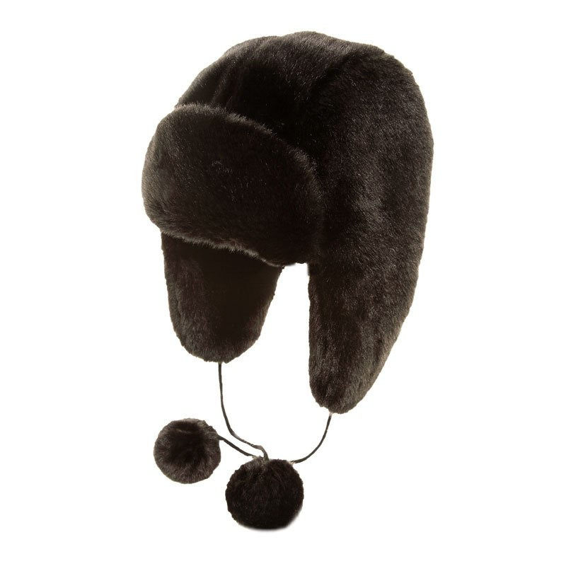 Russische oorflappen muts met pompons zwart nepbont voor dames 58 cm -