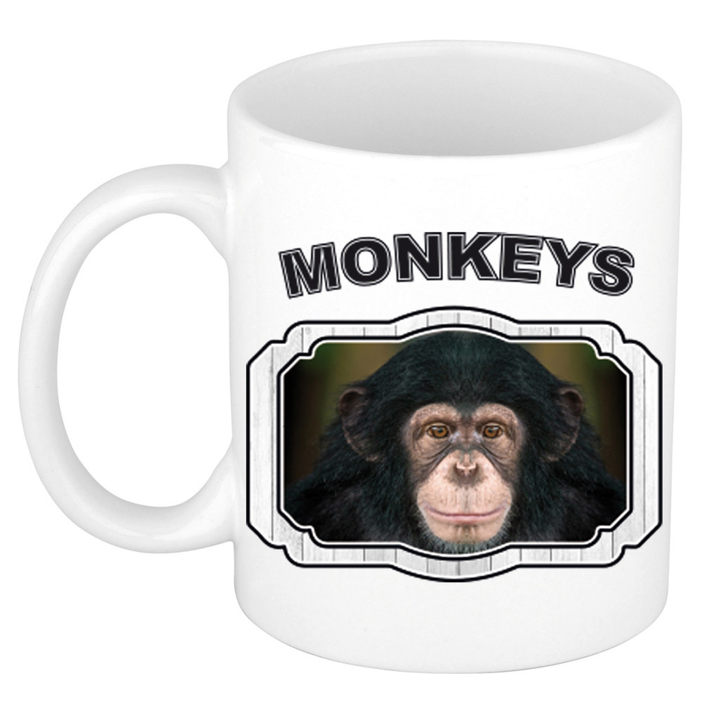 Dieren leuke chimpansee beker - monkeys/ apen mok wit 300 ml -