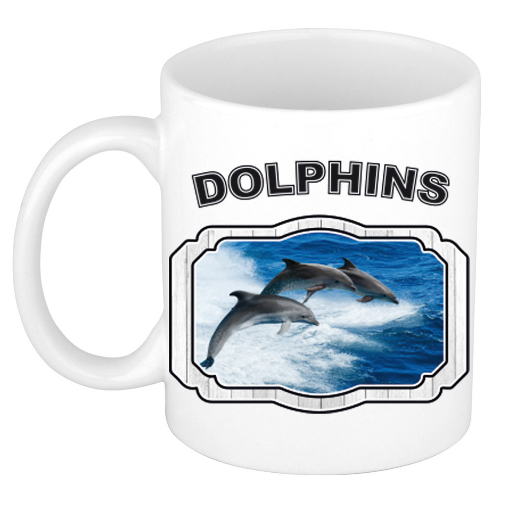 Dieren dolfijn groep beker - dolphins/ dolfijnen mok wit 300 ml -